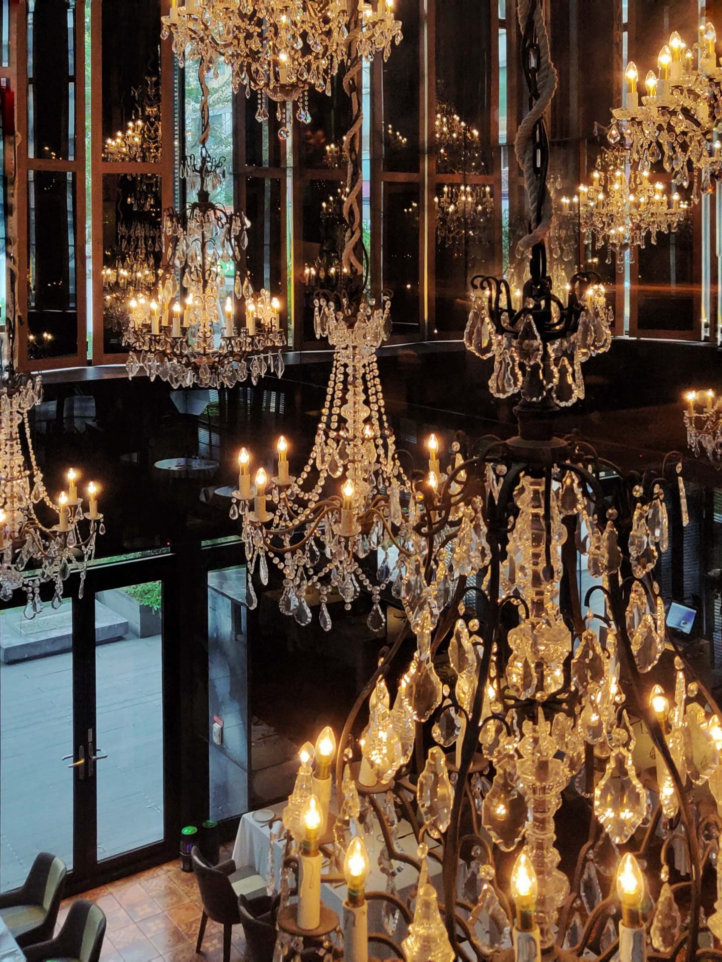 Iconic chandeliers on the ground floor at Hotel Proverbs 