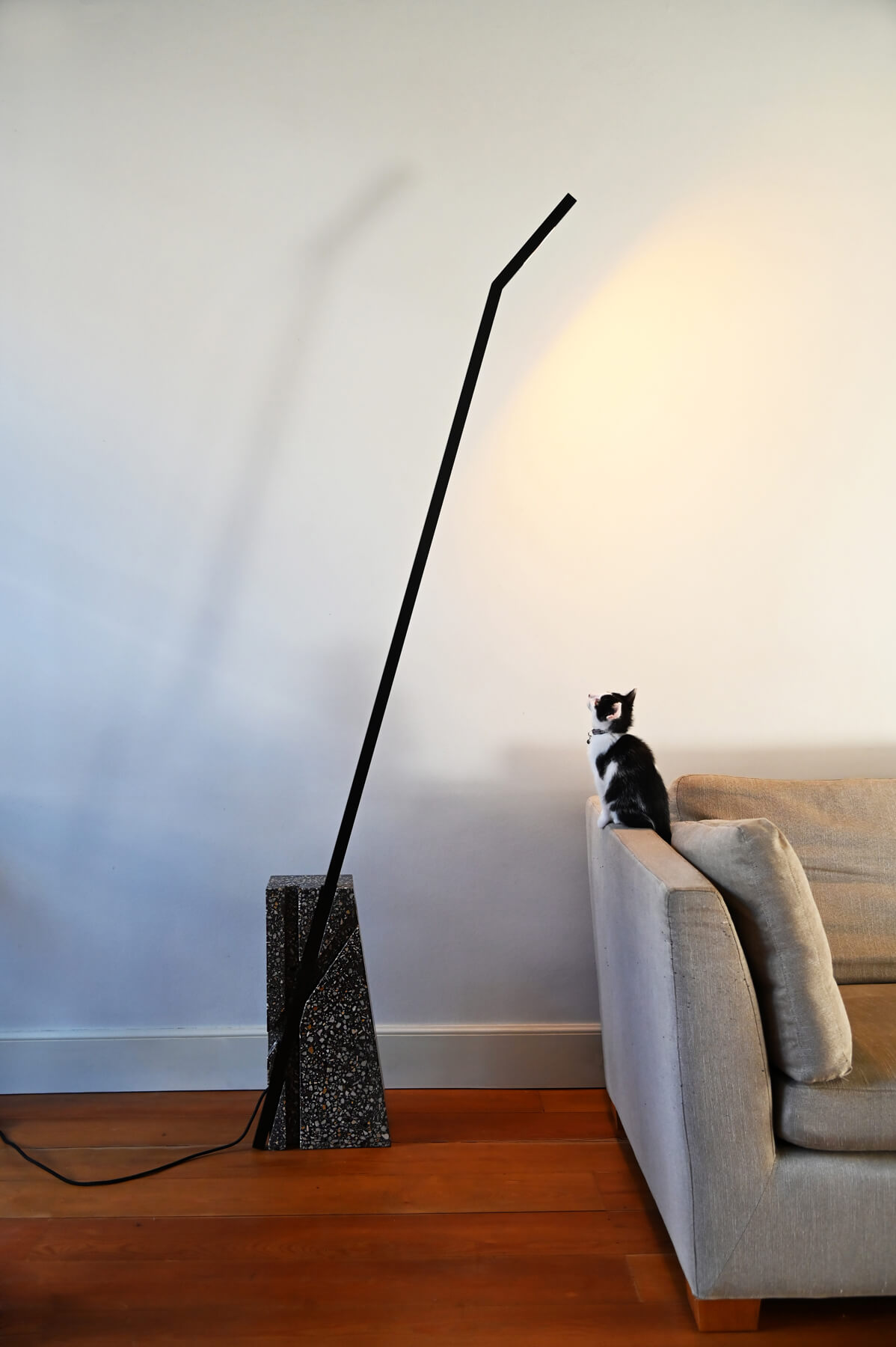 Line Balance floor lamp - with a kitten in a living room