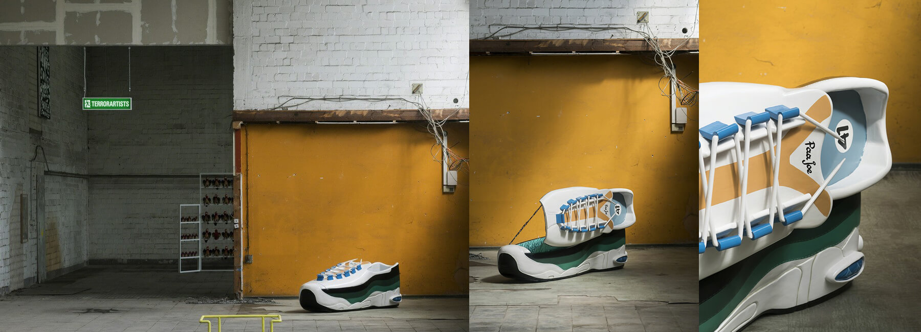 Design urns and coffins: Coffin in the Form of a Nike Sneaker _close-up collage