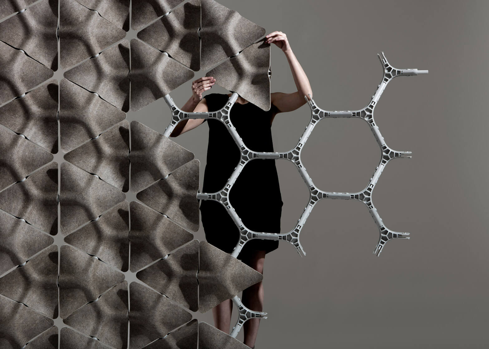 Scale, designerd by LAYER, is a modular acoustic system made of triangular hemp tiles