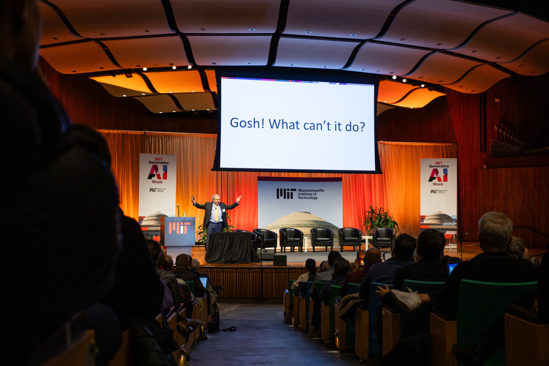 Figure 4. Rodney Brooks, co-founder of iRobot, warns attendees not to overestimate the capabilities of generative AI tools like OpenAI's ChatGPT at MIT Generative AI week. (Credit: Jake Belcher).